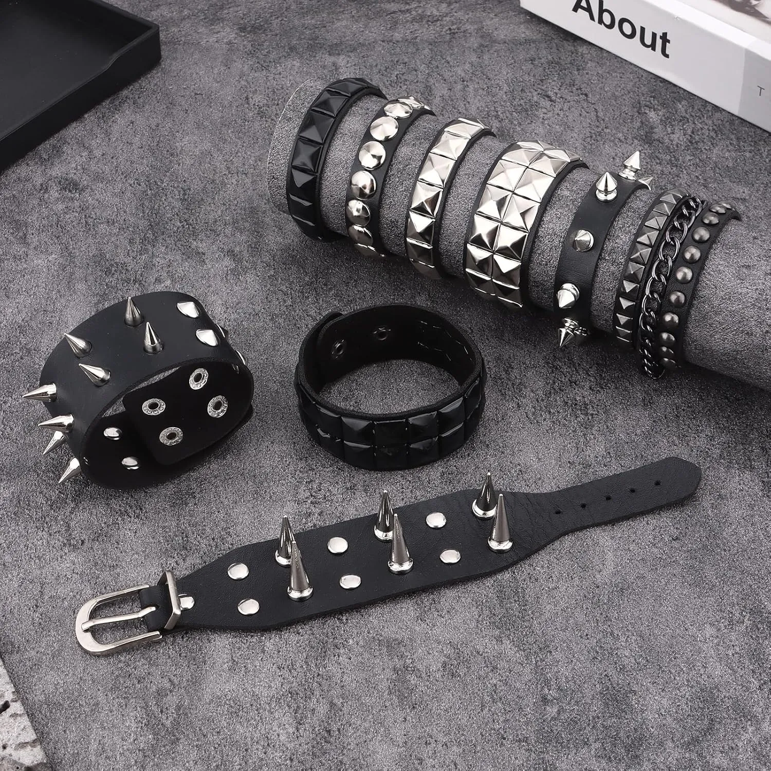 CASDAN Studded Leather Punk Bracelet for Women & Men - Black Gothic Cuff Wrap Snap Button 80s Wristband Emo Bracelet for Halloween Outfits