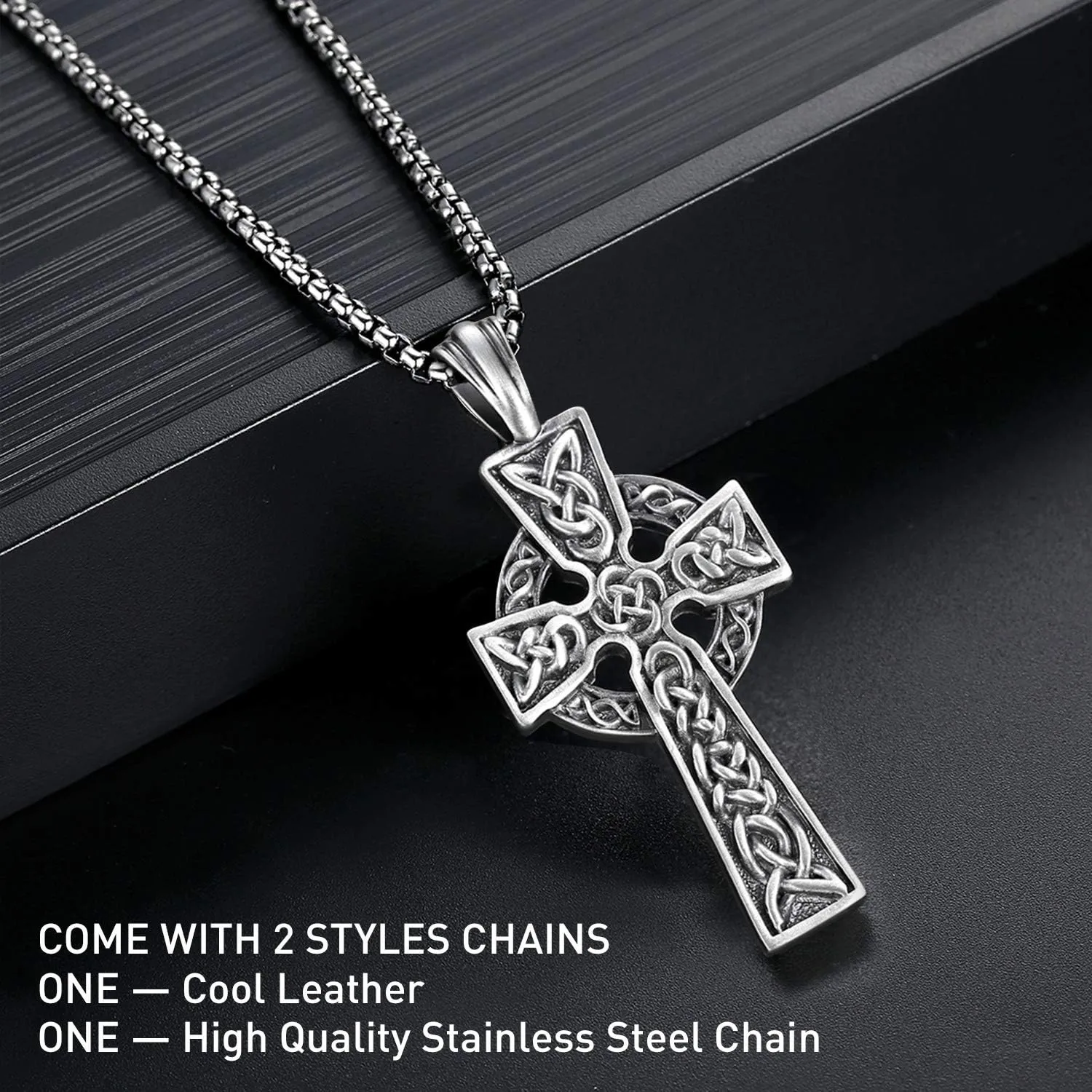 Celtic Cross Necklace for Men Viking Irish Knot Serenity Prayer Pendant Crucifix Mens Jewelry with Stainless Steel Curb Chain