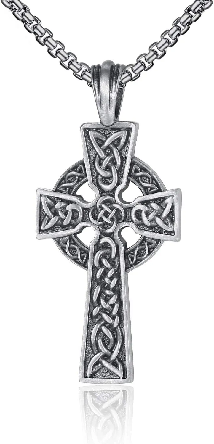 Celtic Cross Necklace for Men Viking Irish Knot Serenity Prayer Pendant Crucifix Mens Jewelry with Stainless Steel Curb Chain