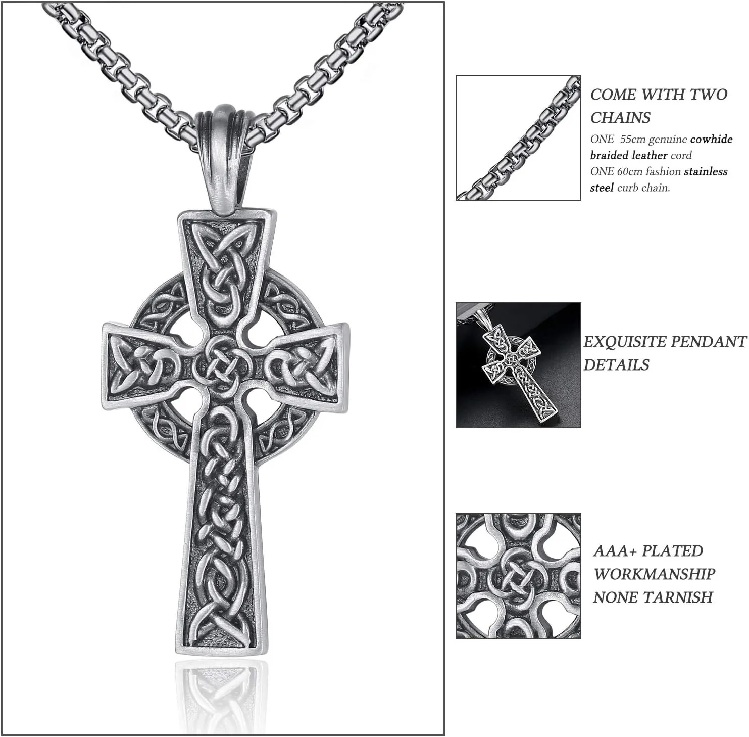 Celtic Cross Necklace for Men Viking Irish Knot Serenity Prayer Pendant Crucifix Mens Jewelry with Stainless Steel Curb Chain