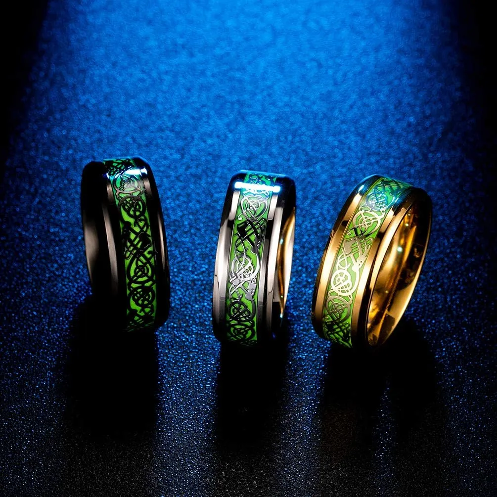 Celtic Dragon Ring, High Polished Stainless Steel Rings Jewelry for men Party Glow Luminous Nibelungen Band Ring Men's Comfort Wedding Ring