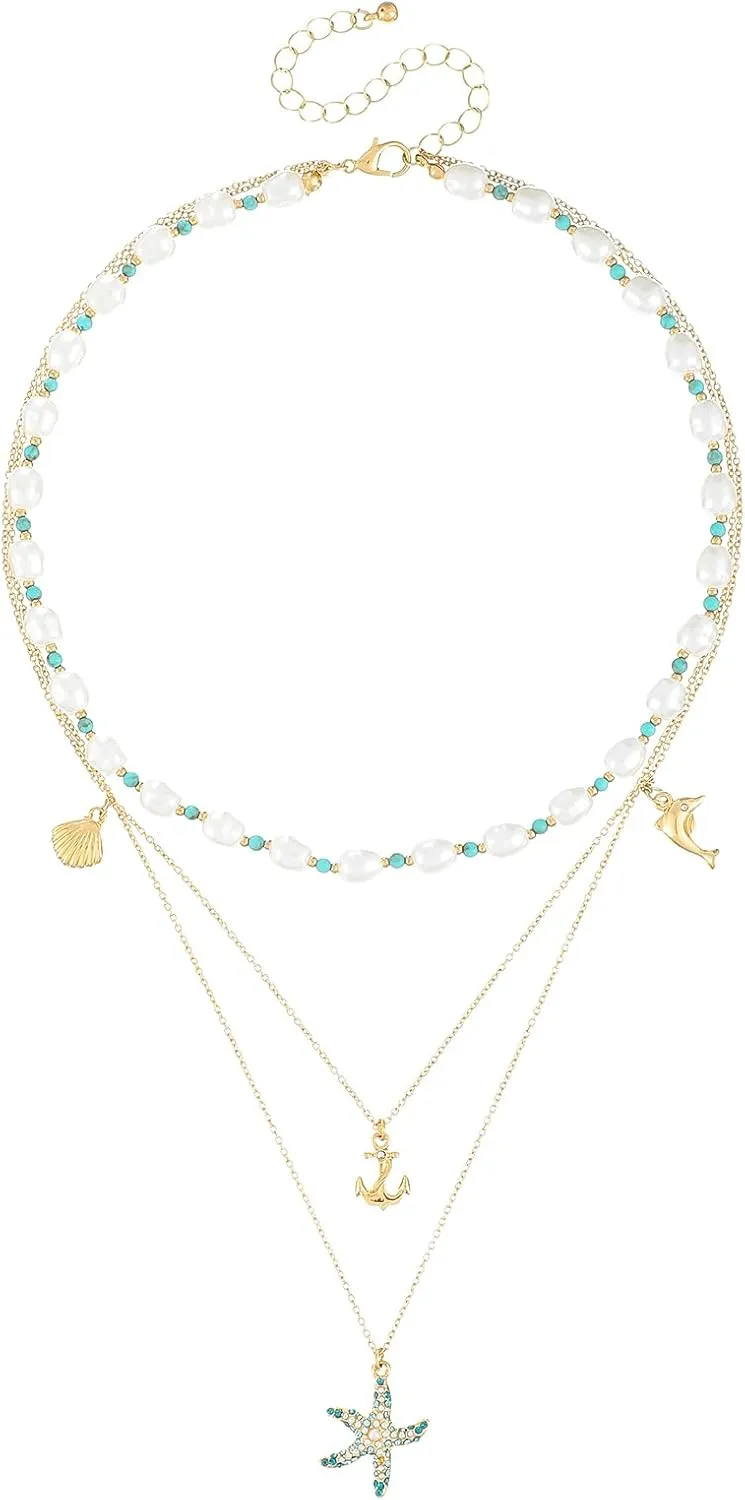 Charm Neckalce for Women|Gold Layered Necklace | Shell Conch Starfish Mermaid Rudder Charms Stacked Pendant Necklace | Ocean Beach Jewelry Gift for Women