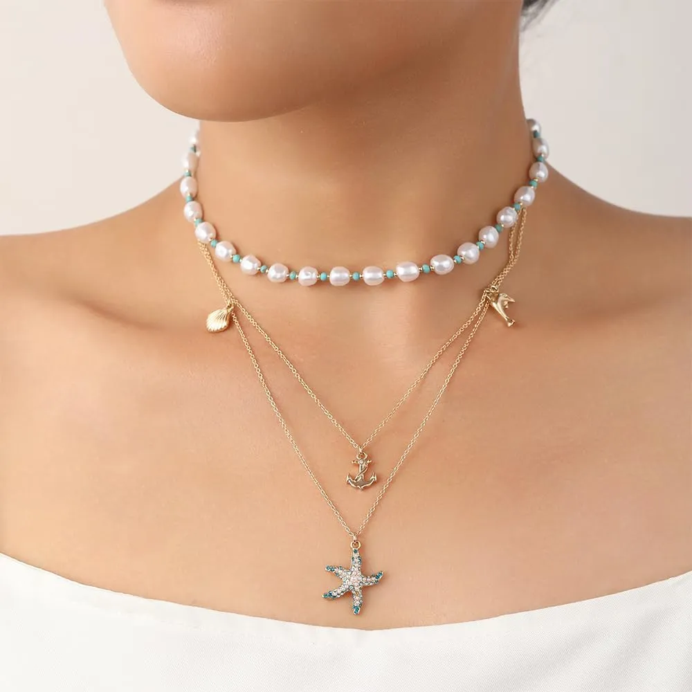 Charm Neckalce for Women|Gold Layered Necklace | Shell Conch Starfish Mermaid Rudder Charms Stacked Pendant Necklace | Ocean Beach Jewelry Gift for Women