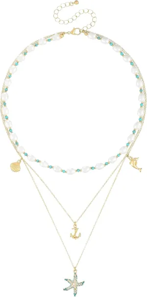 Charm Neckalce for Women|Gold Layered Necklace | Shell Conch Starfish Mermaid Rudder Charms Stacked Pendant Necklace | Ocean Beach Jewelry Gift for Women