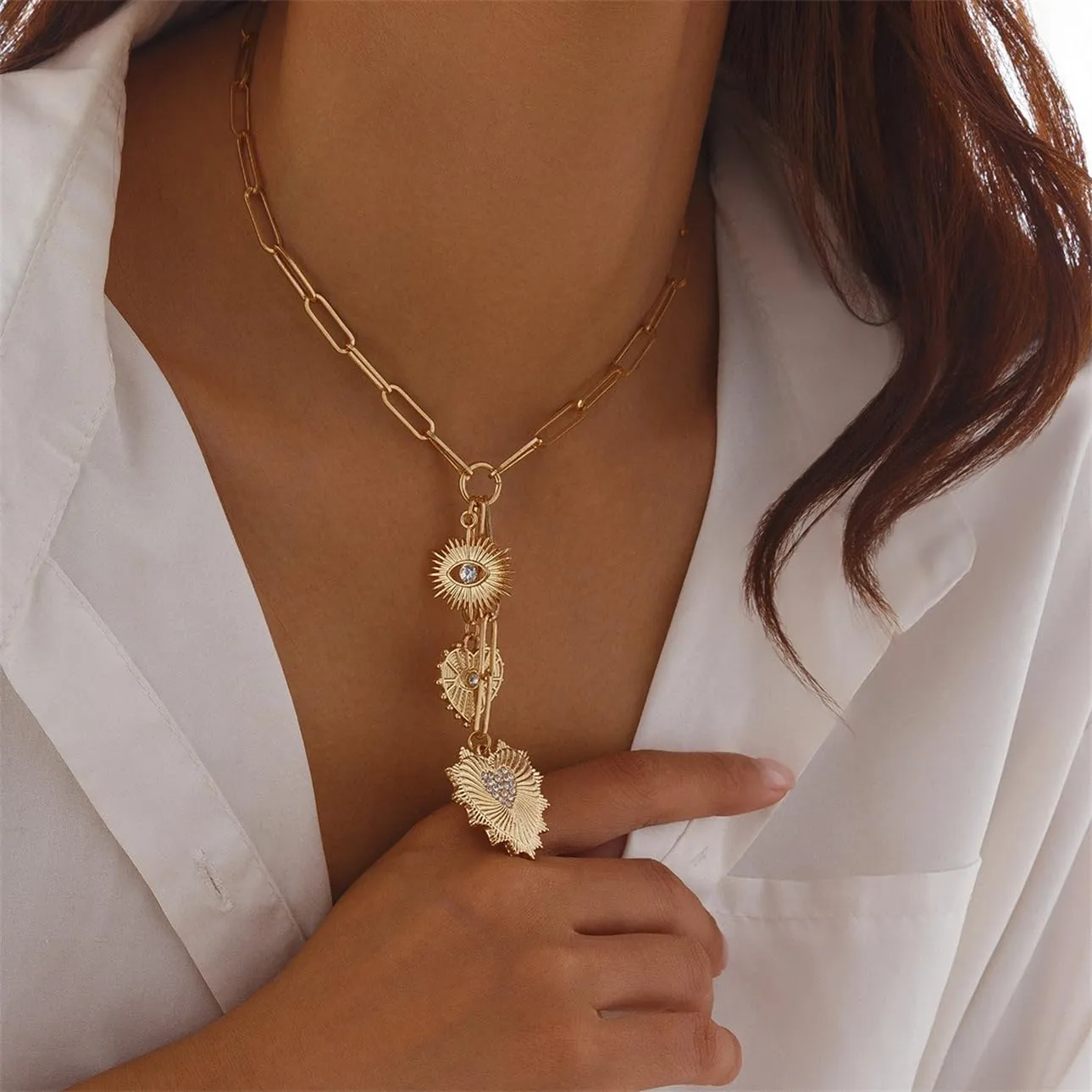 Charm Necklace for Women Gold Chunky Heart Safety Pin Necklace Pearl Necklace Coin Ball Chain CZ Paper Clip Chain Choker Necklace