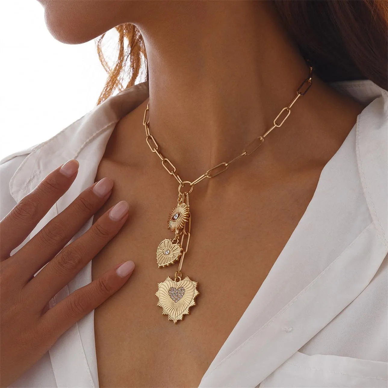 Charm Necklace for Women Gold Chunky Heart Safety Pin Necklace Pearl Necklace Coin Ball Chain CZ Paper Clip Chain Choker Necklace