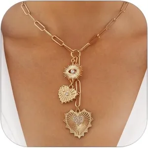 Charm Necklace for Women Gold Chunky Heart Safety Pin Necklace Pearl Necklace Coin Ball Chain CZ Paper Clip Chain Choker Necklace