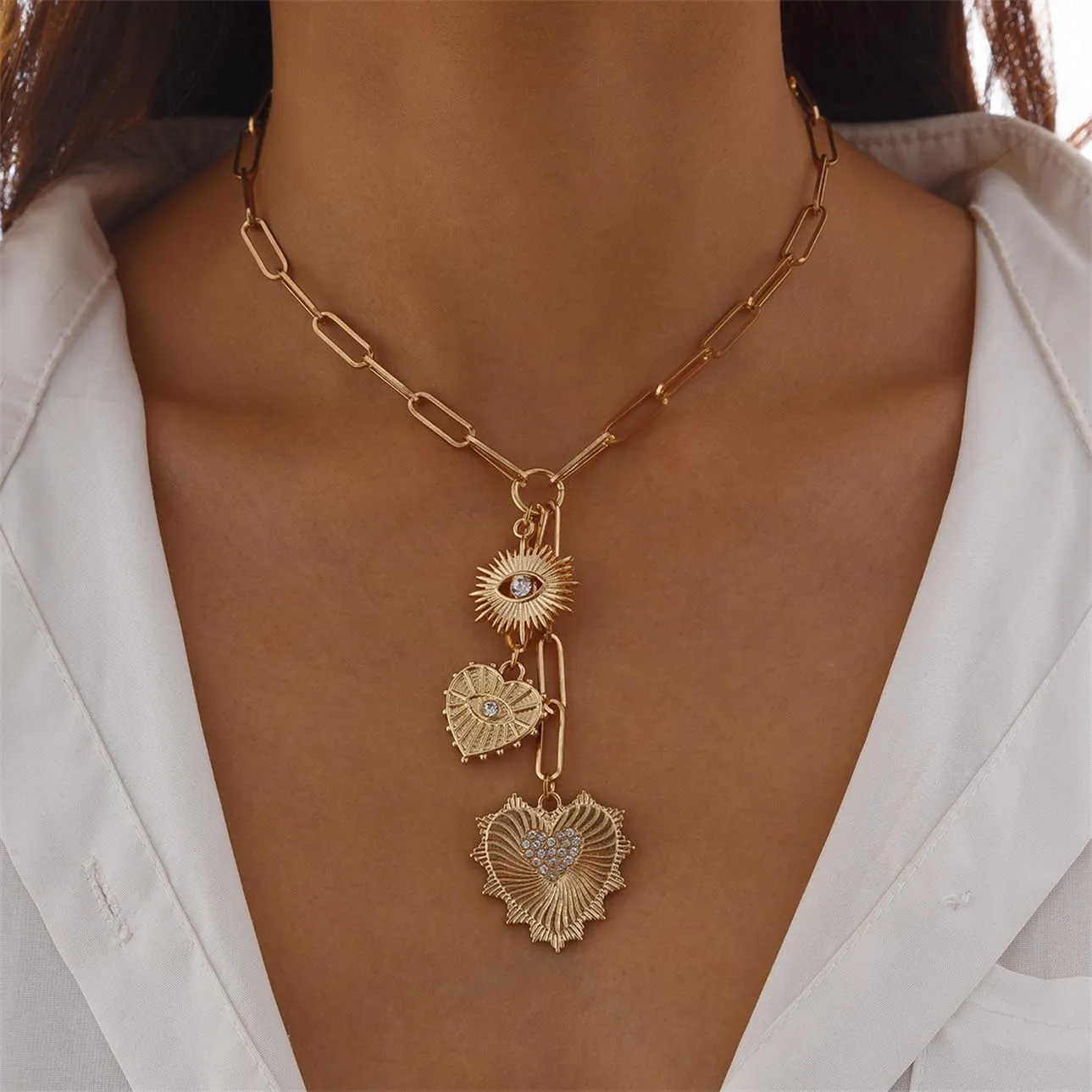 Charm Necklace for Women Gold Chunky Heart Safety Pin Necklace Pearl Necklace Coin Ball Chain CZ Paper Clip Chain Choker Necklace