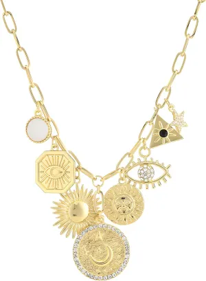 Charm Necklace for Women Gold Plated Chunky Evil Eye Sun Moon Flower Coin Pendant Dainty Handmade Paperclip Chain Necklace Jewelry for Women