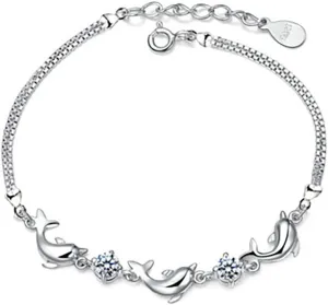Charming Jewelry Cubic Zircon Crystal Dolphin Shaped Chain Woman Silver Color Adjustable Bracelets