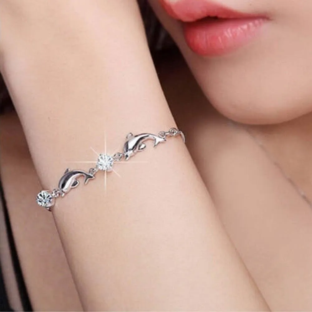 Charming Jewelry Cubic Zircon Crystal Dolphin Shaped Chain Woman Silver Color Adjustable Bracelets