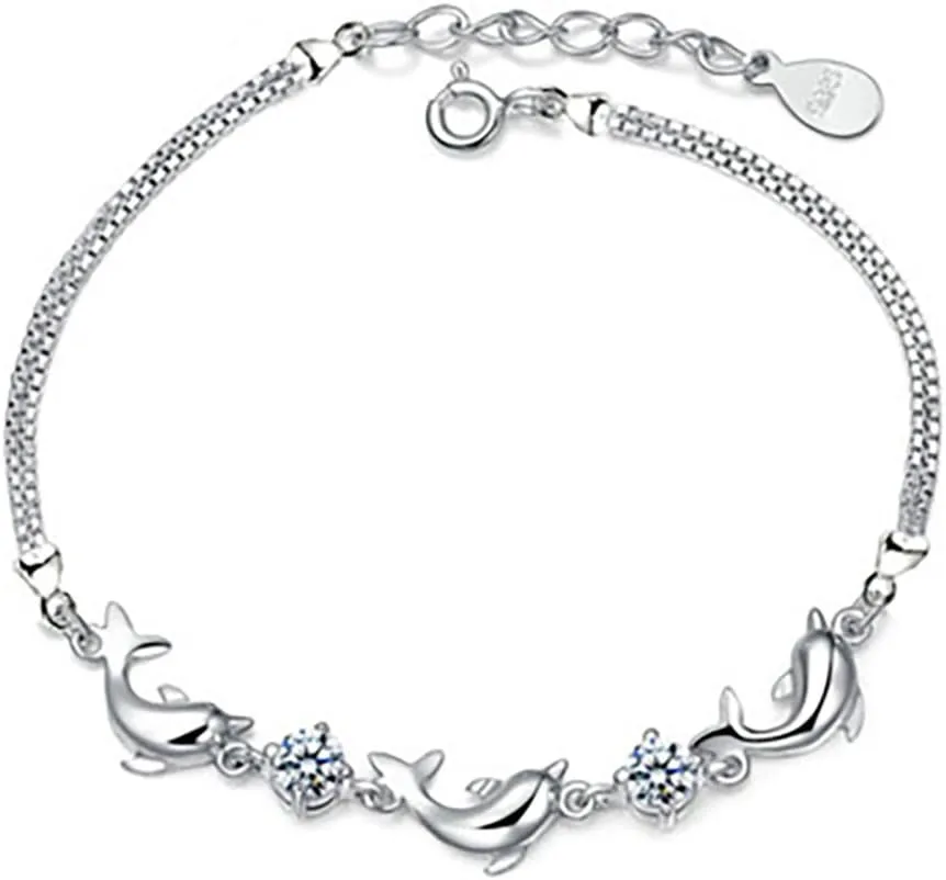 Charming Jewelry Cubic Zircon Crystal Dolphin Shaped Chain Woman Silver Color Adjustable Bracelets