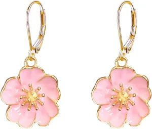 Cherry Blossom Enamel Flower Earrings Delicate Pink Floral Hoop Hugggie Earrings for Women Handcrafted Enamel Art Jewelry