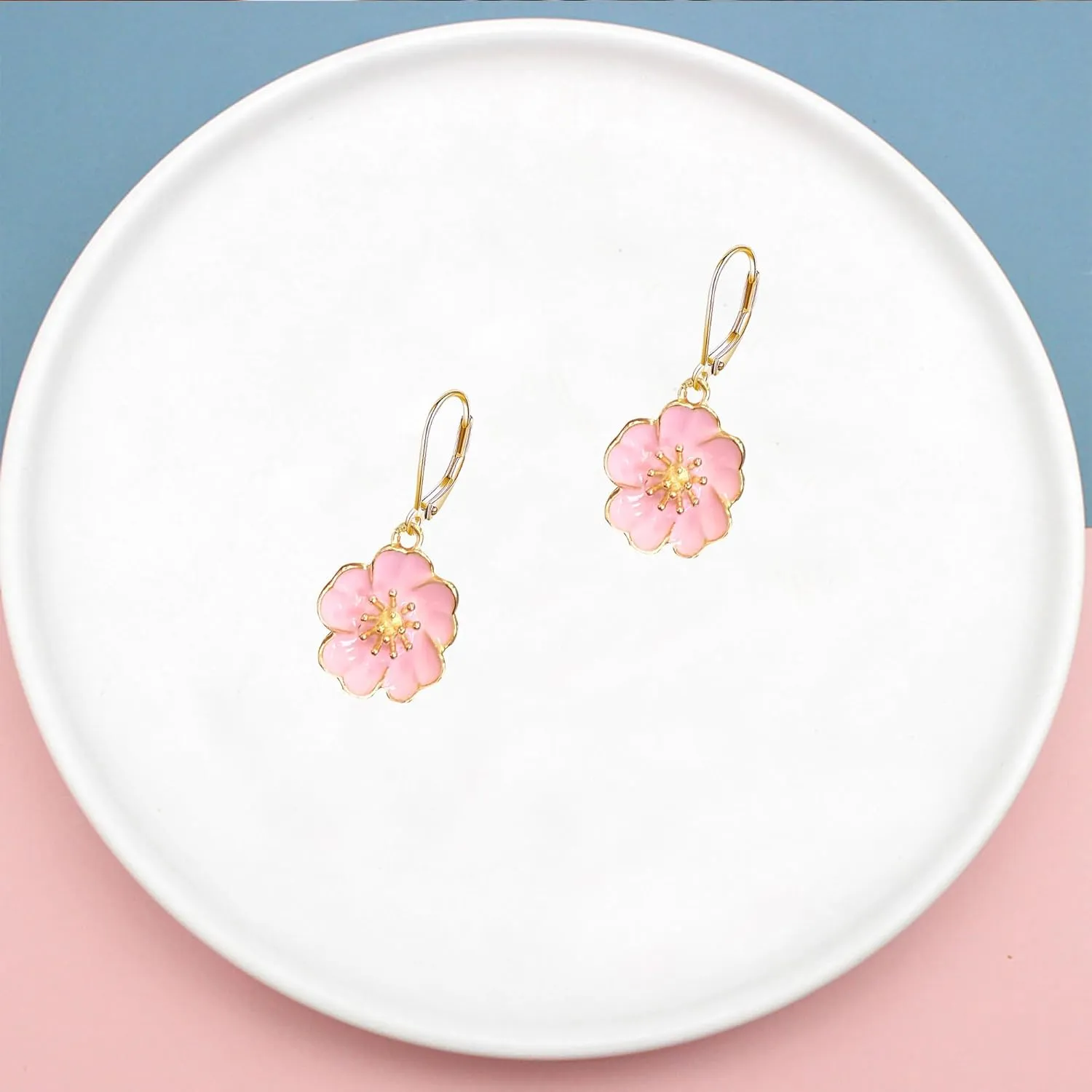 Cherry Blossom Enamel Flower Earrings Delicate Pink Floral Hoop Hugggie Earrings for Women Handcrafted Enamel Art Jewelry
