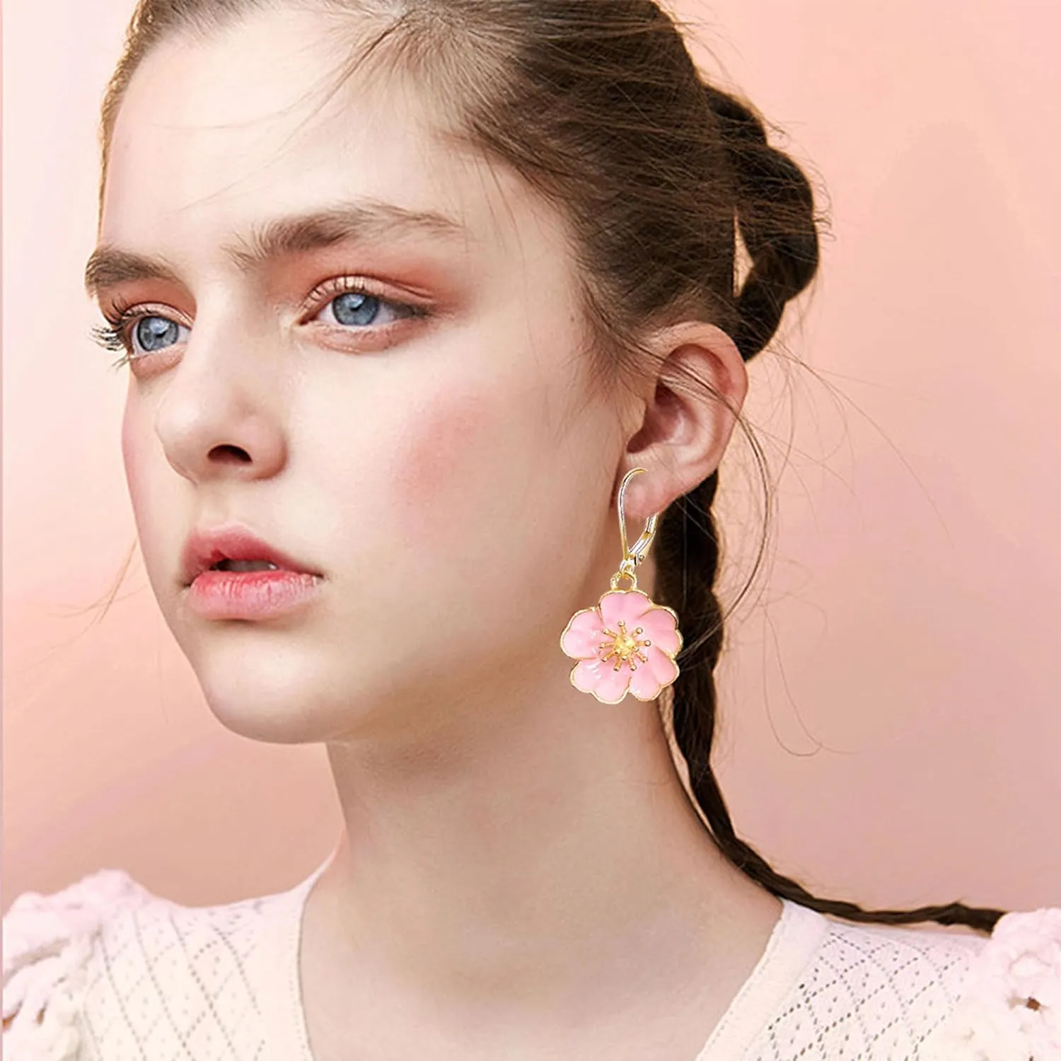 Cherry Blossom Enamel Flower Earrings Delicate Pink Floral Hoop Hugggie Earrings for Women Handcrafted Enamel Art Jewelry