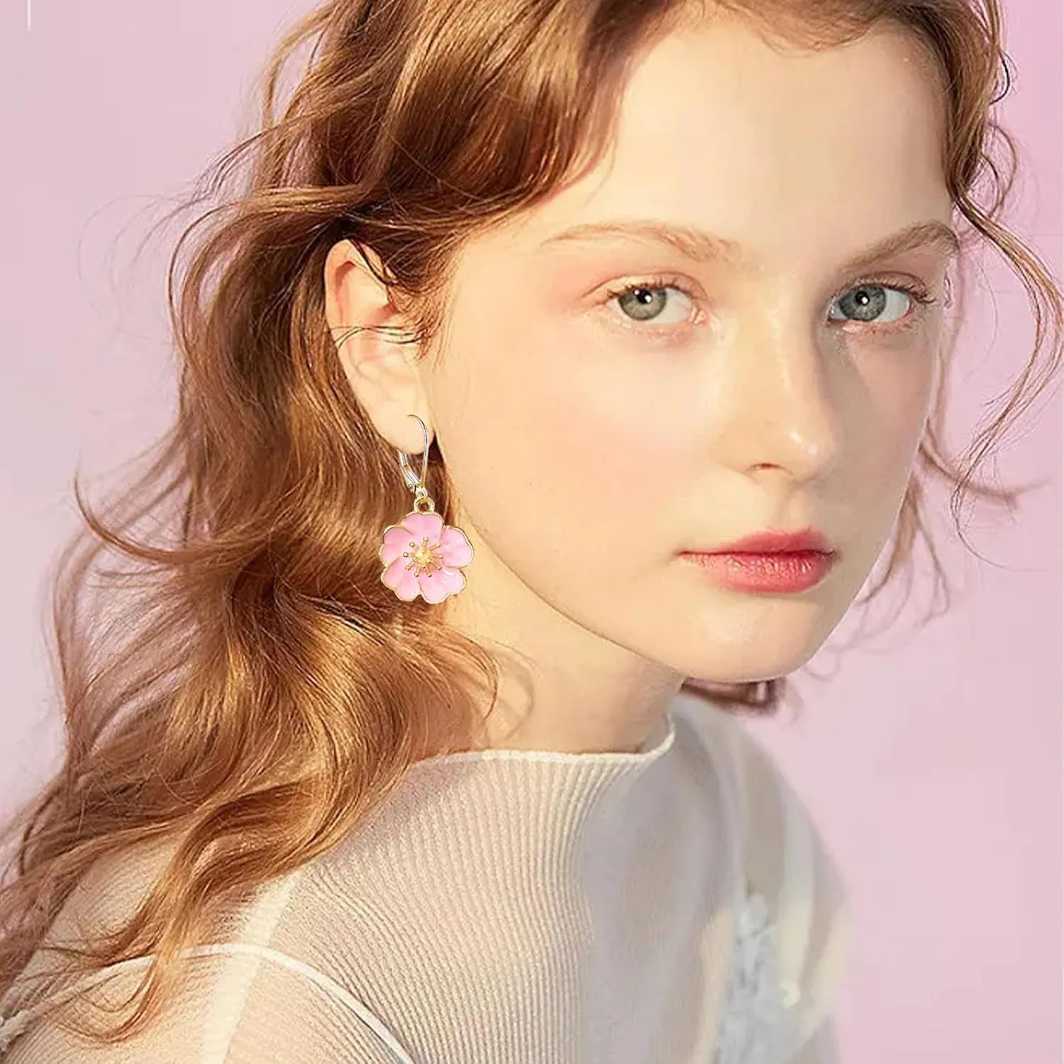 Cherry Blossom Enamel Flower Earrings Delicate Pink Floral Hoop Hugggie Earrings for Women Handcrafted Enamel Art Jewelry