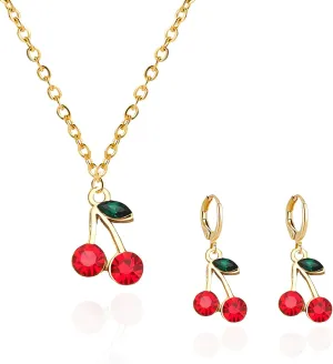 Cherry Necklace and Earrings Set for Women Elegant Cute Cherry Pendant Necklace Charming Rhinestone Fruit Drop Earrings