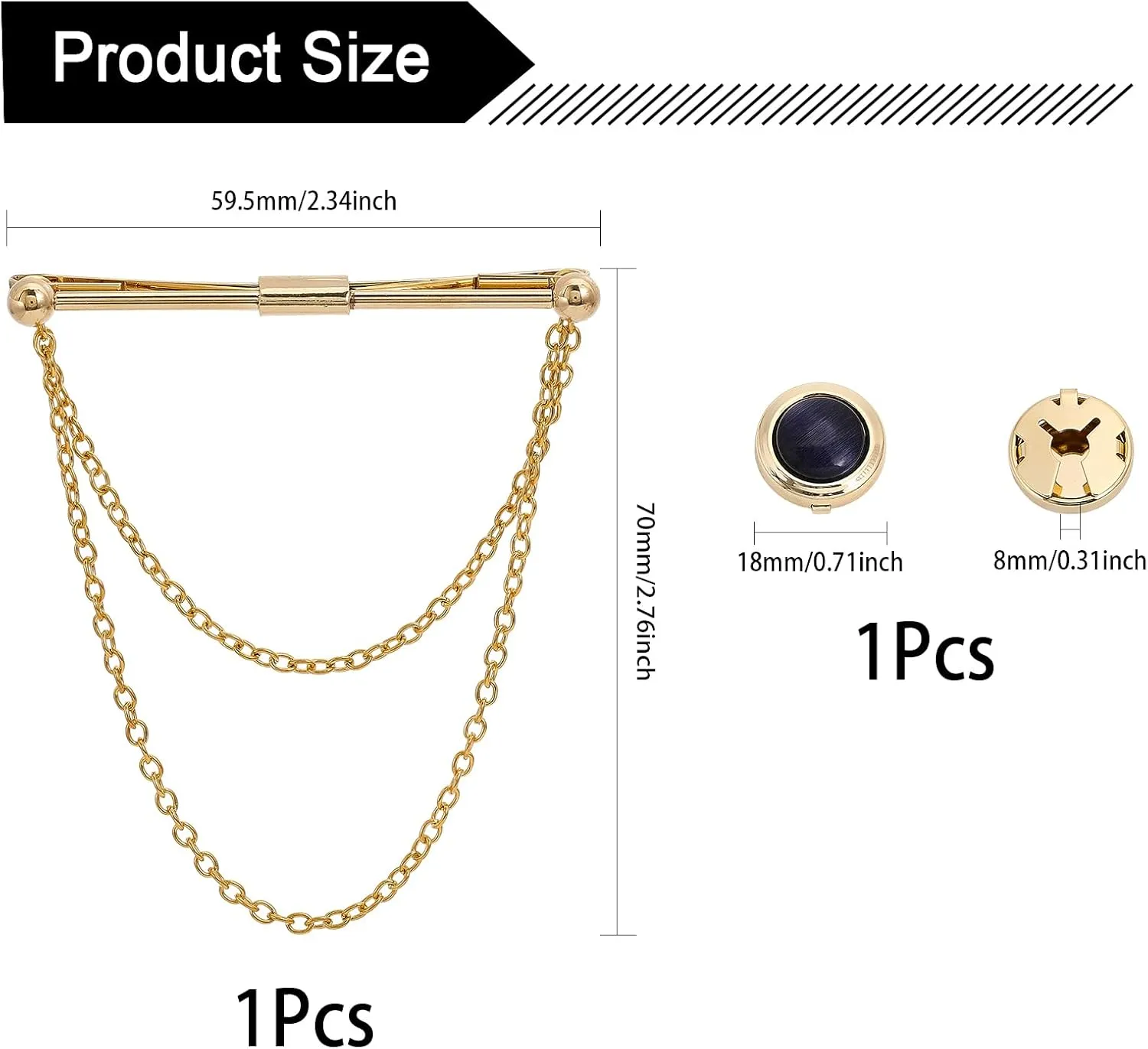 CHGCRAFT 1Set Men's Collar Tie Bar Brass Hanging Chains Collar Pins Tie Clips with 1Pc Cat Eye Cufflink Button Covers for Pin Suit Accessories