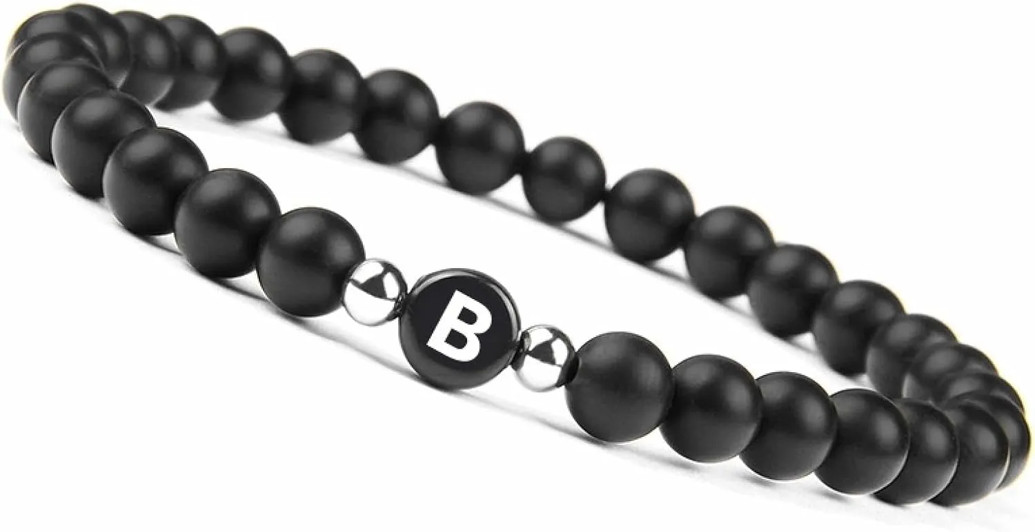 Chinese Bracelets for Women, Elastic Bracelet Agate Crystal Black Alloy Elastic Beads with Letter A Nature Stones for Anniversary