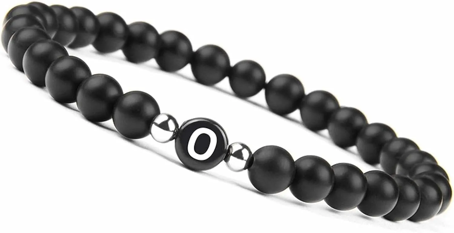 Chinese Bracelets for Women, Elastic Bracelet Agate Crystal Black Alloy Elastic Beads with Letter A Nature Stones for Anniversary