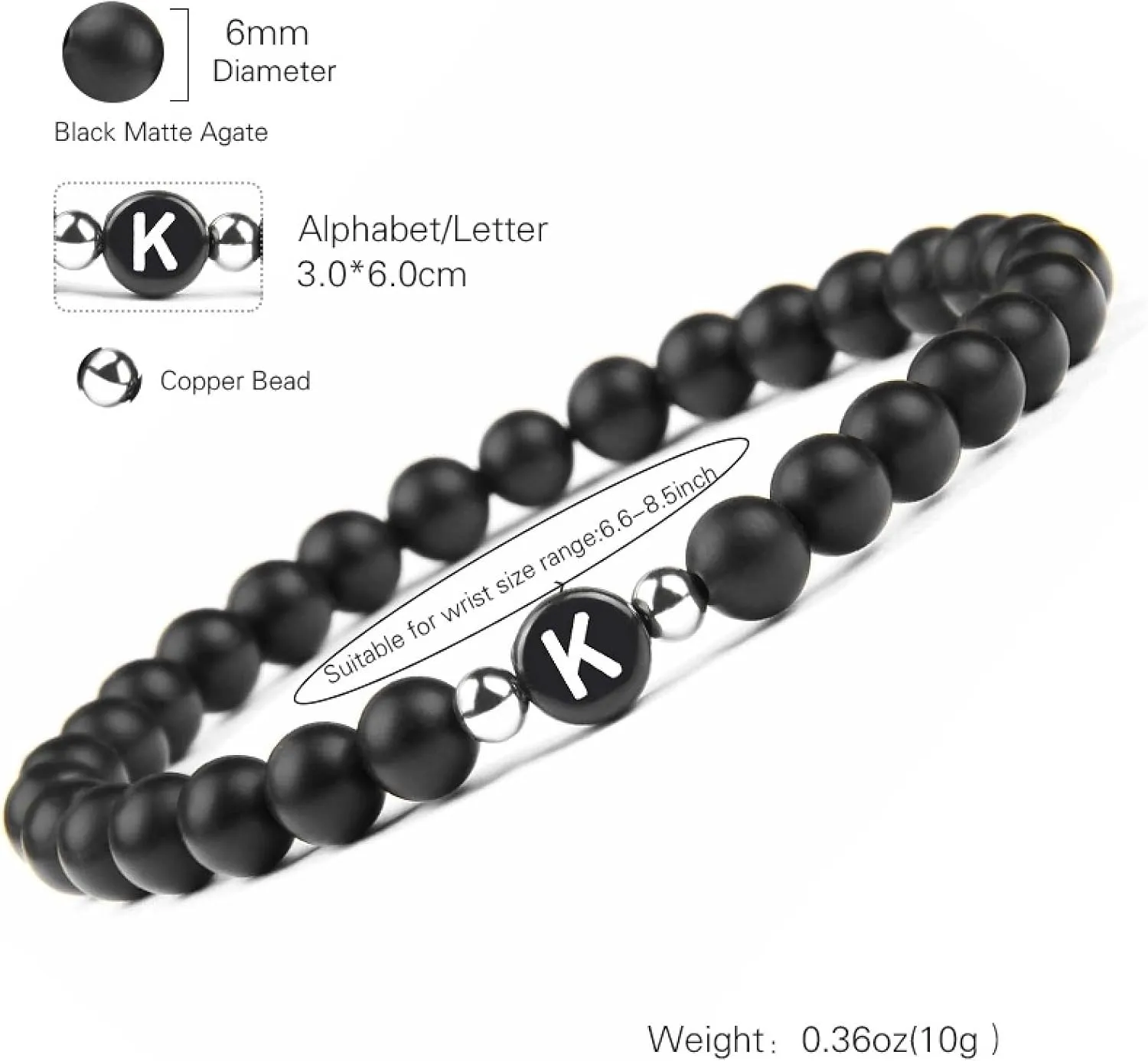 Chinese Bracelets for Women, Elastic Bracelet Agate Crystal Black Alloy Elastic Beads with Letter A Nature Stones for Anniversary