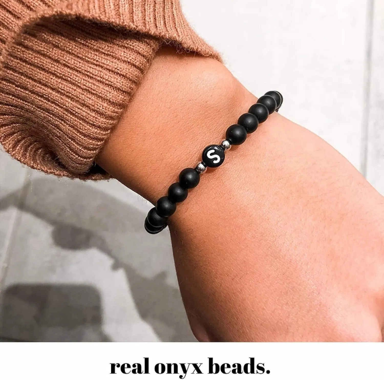 Chinese Bracelets for Women, Elastic Bracelet Agate Crystal Black Alloy Elastic Beads with Letter A Nature Stones for Anniversary