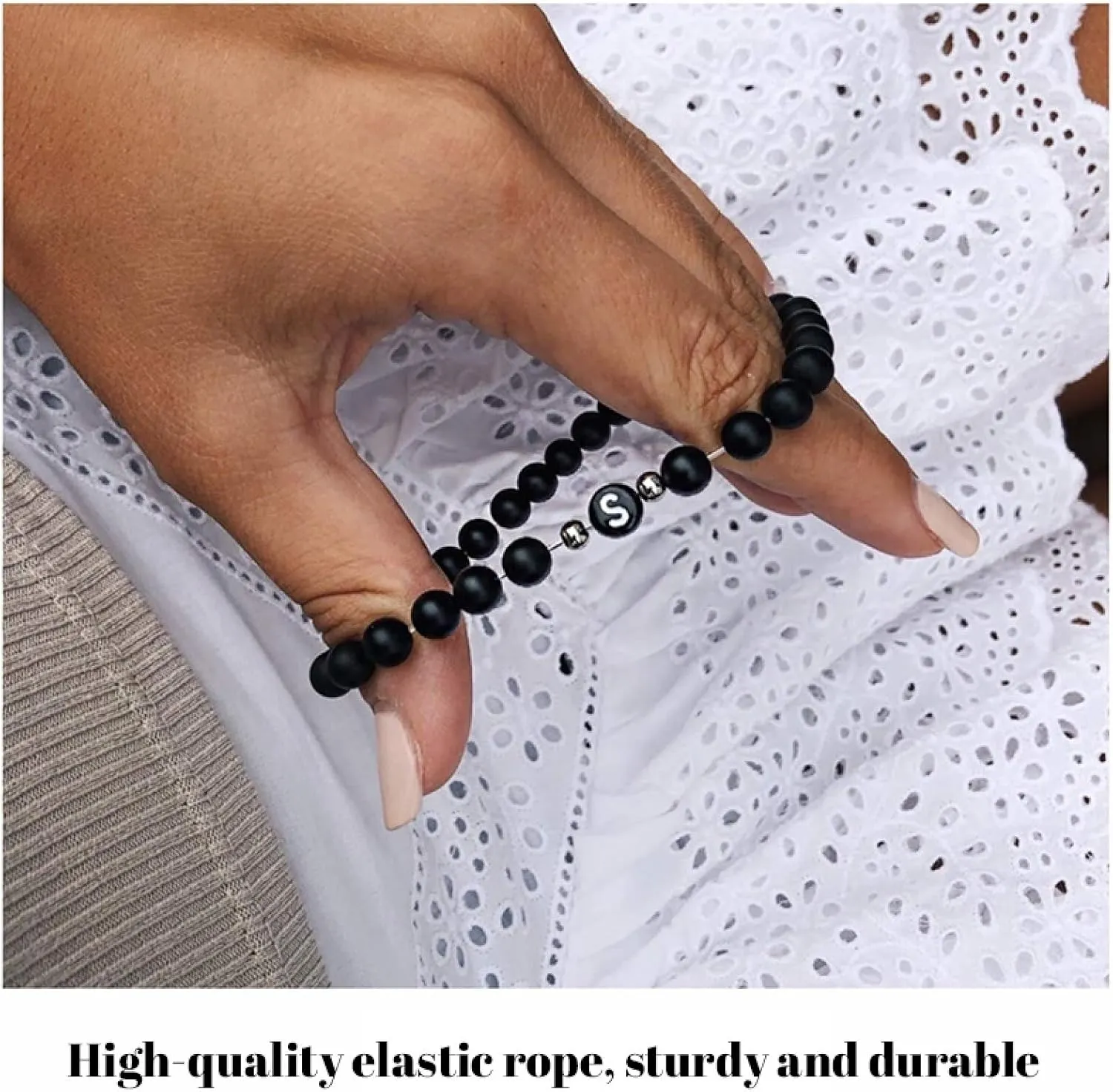 Chinese Bracelets for Women, Elastic Bracelet Agate Crystal Black Alloy Elastic Beads with Letter A Nature Stones for Anniversary