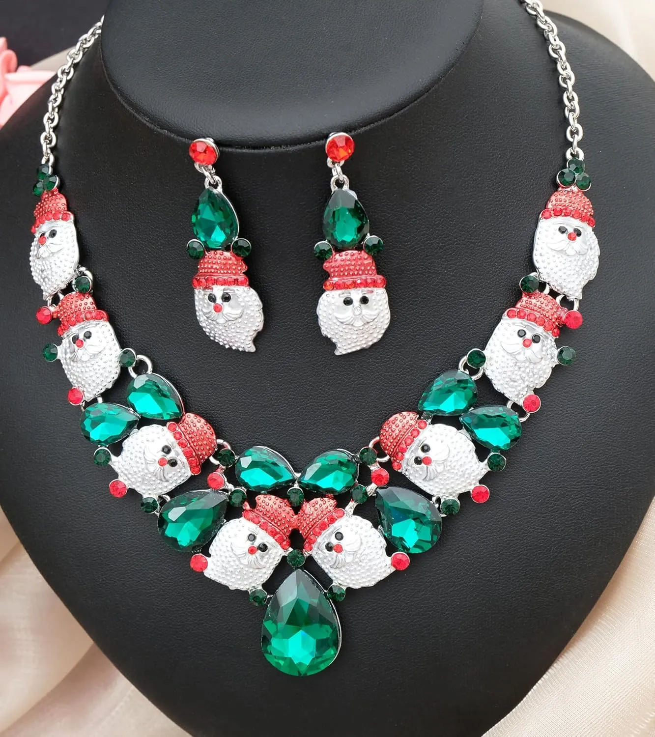 Christmas Statement Necklace Dangle Earrings Santa Clause Crystal Jewelry Set Xmas Gifts Festive Costume Accessories for Women