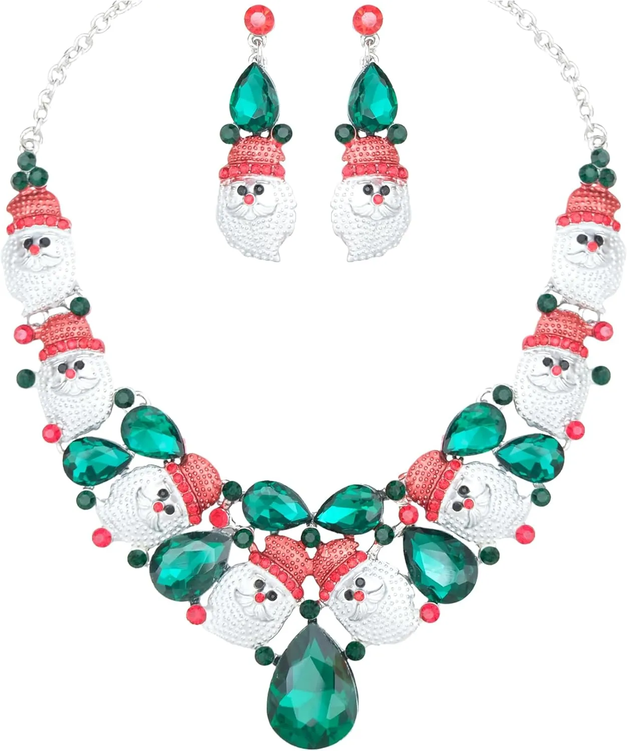 Christmas Statement Necklace Dangle Earrings Santa Clause Crystal Jewelry Set Xmas Gifts Festive Costume Accessories for Women