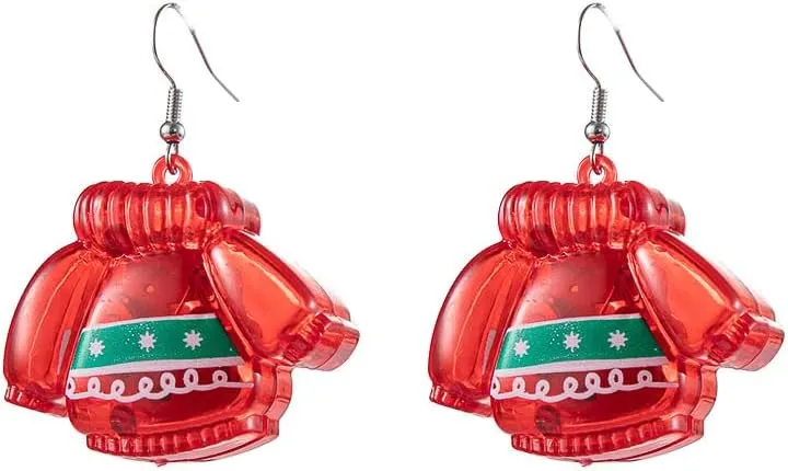 Christmas Sweater LED Lights Drop Dangle Statement Earrings Acrylic Cute Ornament Light Up Dangling Glow in The Dark Hook Hoop Earring Fashion Xmas Festival Holiday Party Jewelry Gifts for Women Daughter Friends Accessories
