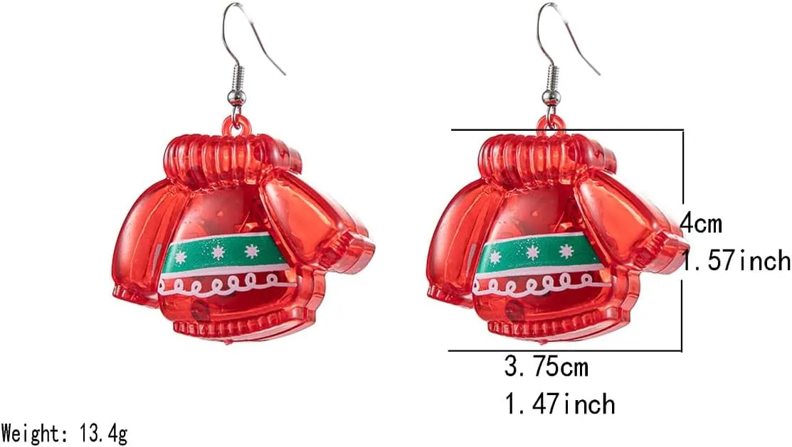 Christmas Sweater LED Lights Drop Dangle Statement Earrings Acrylic Cute Ornament Light Up Dangling Glow in The Dark Hook Hoop Earring Fashion Xmas Festival Holiday Party Jewelry Gifts for Women Daughter Friends Accessories