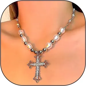 Chunky Cross Pendant Necklace,Vintage Charming Cubic Zirconia Cross Pearl Choker,Aesthetic Christian Accessories Jewelry for Women