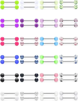 Cisyozi 14G Glow in Dark Tongue Nipple Rings 316L Surgical Steel Hypaollergenic Long Straight Barbells Pearl Nipplerings Rings Piercing Jewelry for Women Men 14mm 16mm 19mm 22mm Bar 24 Pairs