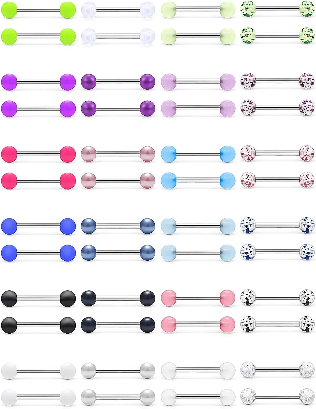 Cisyozi 14G Glow in Dark Tongue Nipple Rings 316L Surgical Steel Hypaollergenic Long Straight Barbells Pearl Nipplerings Rings Piercing Jewelry for Women Men 14mm 16mm 19mm 22mm Bar 24 Pairs