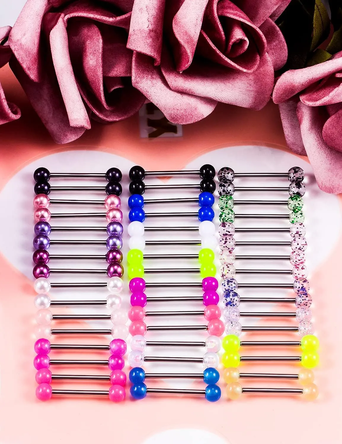 Cisyozi 14G Glow in Dark Tongue Nipple Rings 316L Surgical Steel Hypaollergenic Long Straight Barbells Pearl Nipplerings Rings Piercing Jewelry for Women Men 14mm 16mm 19mm 22mm Bar 24 Pairs