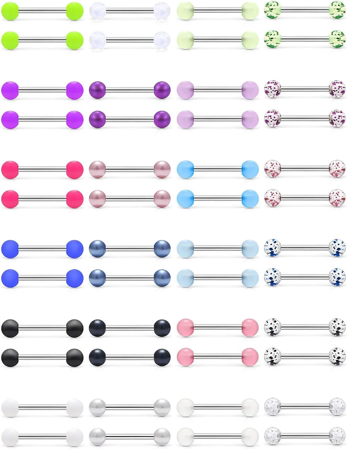Cisyozi 16G Glow in Dark Tongue Nipple Rings 316L Surgical Steel Hypaollergenic Long Straight Barbells Pearl Nipplerings Rings Piercing Jewelry for Women Men 14mm 16mm 19mm 22mm Bar 24 Pairs
