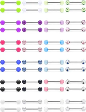 Cisyozi 16G Glow in Dark Tongue Nipple Rings 316L Surgical Steel Hypaollergenic Long Straight Barbells Pearl Nipplerings Rings Piercing Jewelry for Women Men 14mm 16mm 19mm 22mm Bar 24 Pairs