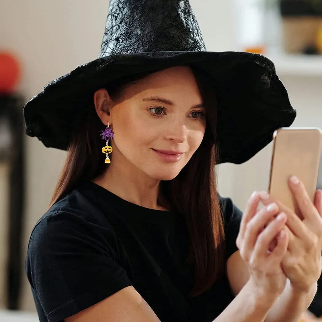 CLASSYZINT Halloween Earrings For Women Pumpkin Ghost Witch Bat Spider Skull Dangle Earrings Purple Orange Black Earrings