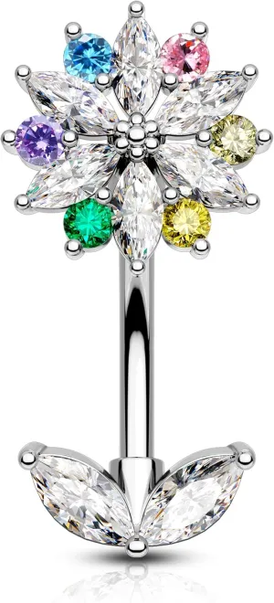 COCHARM Flower Belly Button Rings, 14G Colorful Belly Navel Rings for Women, Stainless Steel Belly Navel Piercing Jewelry