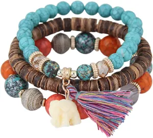 COLORFUL BLING 3 Pcs Set Elephant Tassel Temperament Bracelet Vintage Bohemia Simple Versatile Suitable Fashion Jewelry for Young Men Women Girls