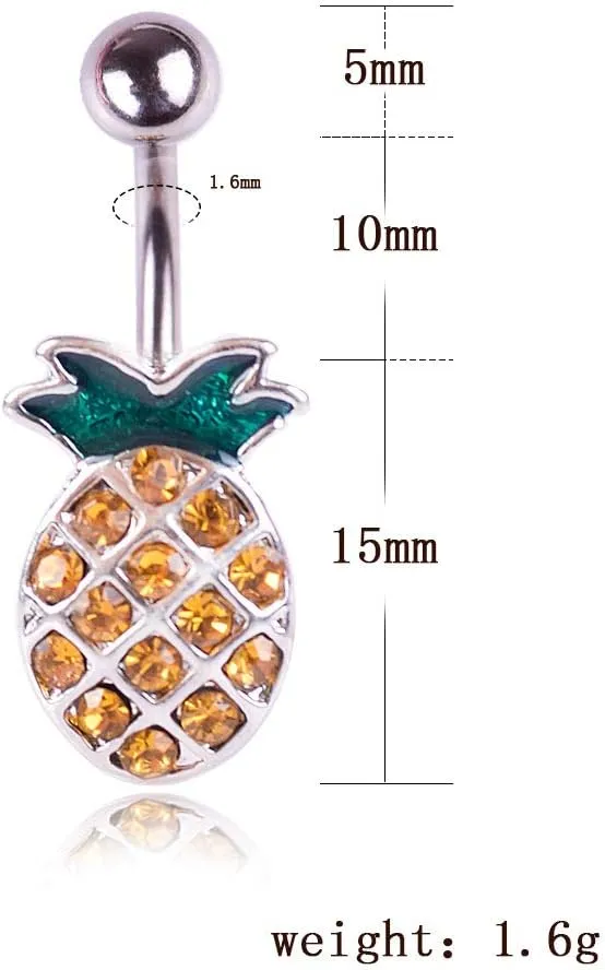 COLORFUL BLING 316L Stainless Steel Fruit Pineapple Navel Rings Crystal Belly Button Rings Body Piercings Jewelry