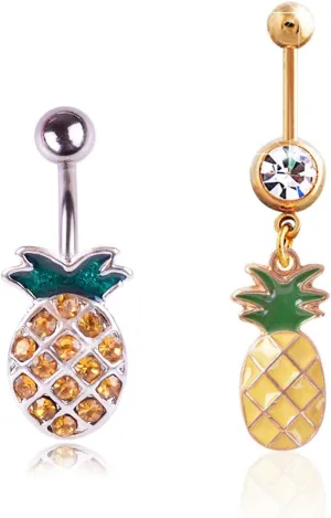 COLORFUL BLING 316L Stainless Steel Fruit Pineapple Navel Rings Crystal Belly Button Rings Body Piercings Jewelry