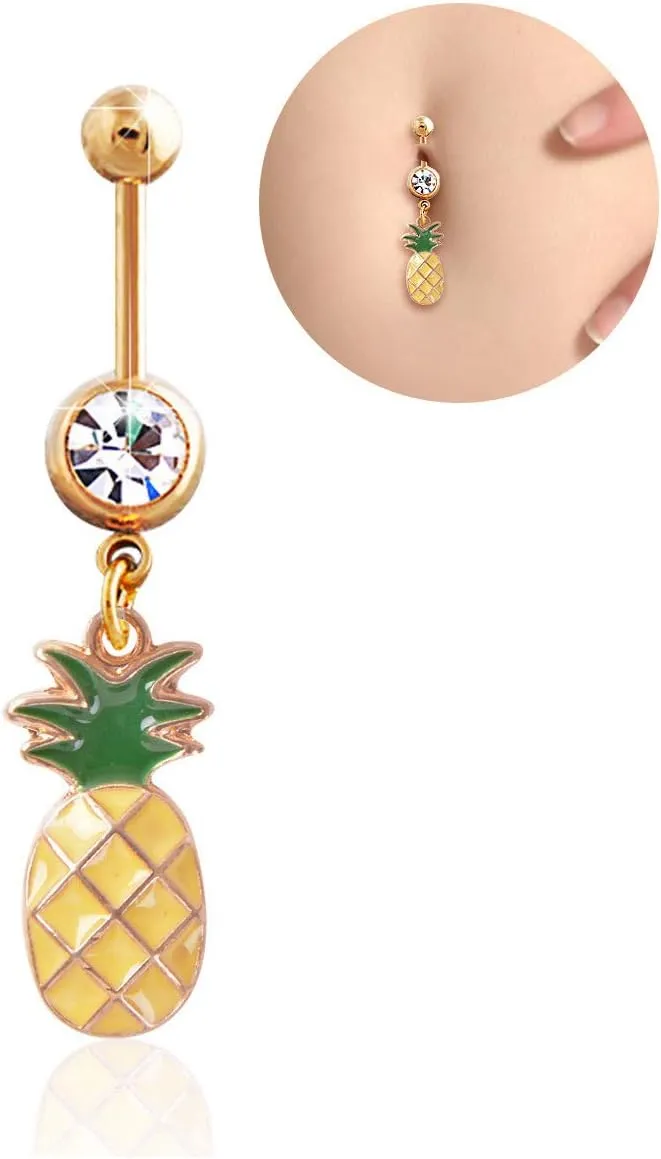 COLORFUL BLING 316L Stainless Steel Fruit Pineapple Navel Rings Crystal Belly Button Rings Body Piercings Jewelry