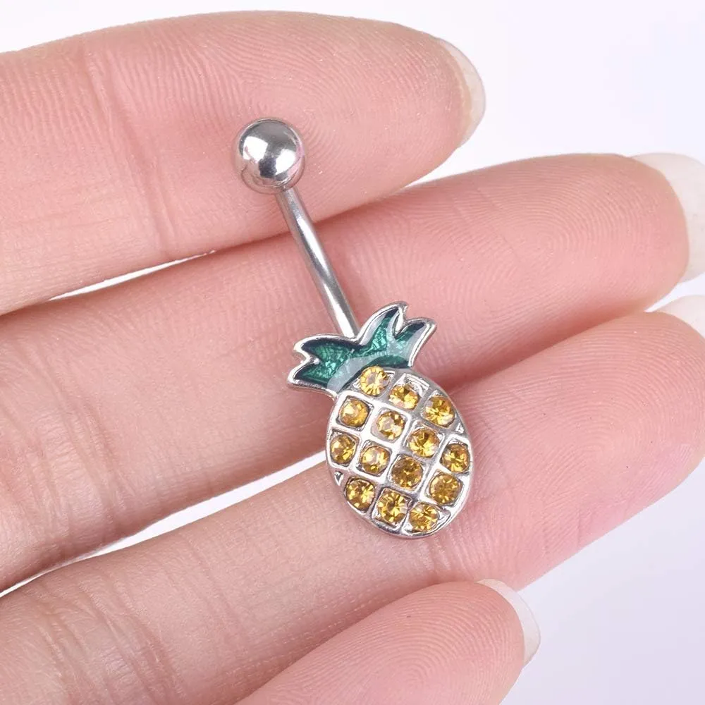 COLORFUL BLING 316L Stainless Steel Fruit Pineapple Navel Rings Crystal Belly Button Rings Body Piercings Jewelry
