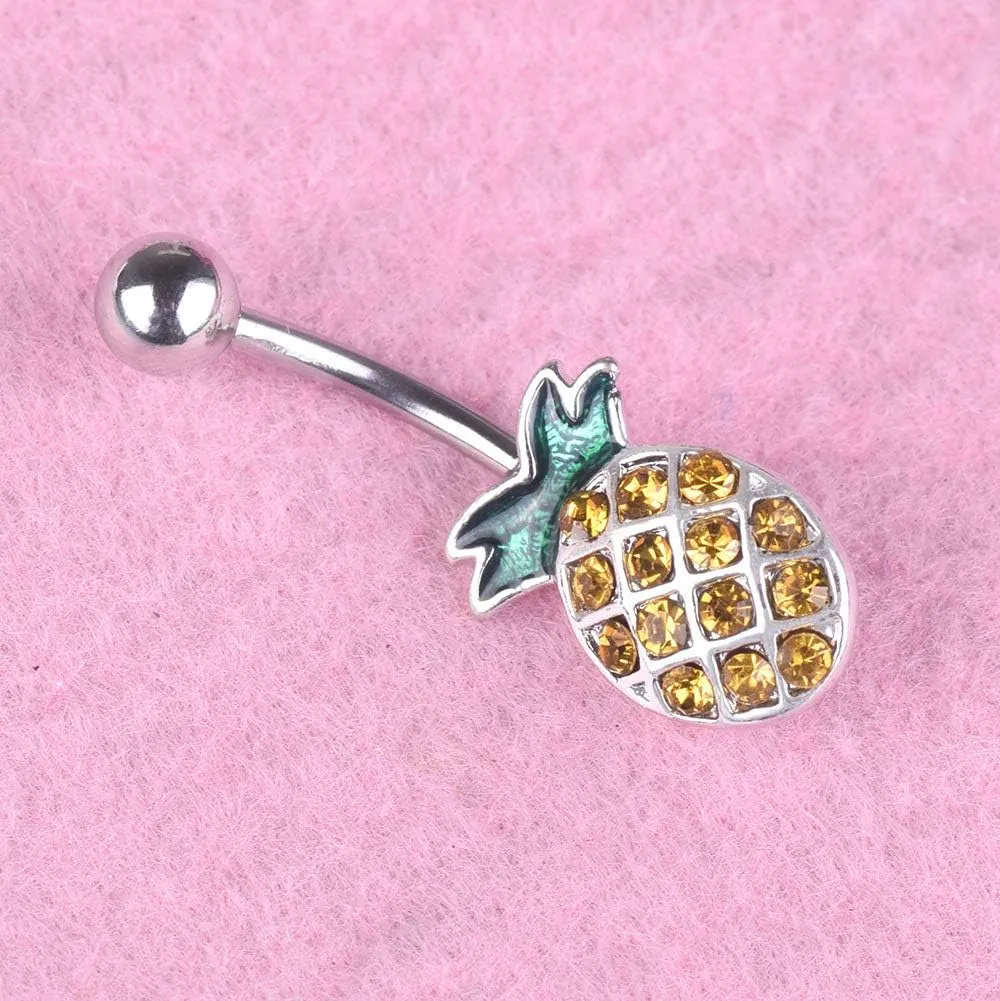 COLORFUL BLING 316L Stainless Steel Fruit Pineapple Navel Rings Crystal Belly Button Rings Body Piercings Jewelry