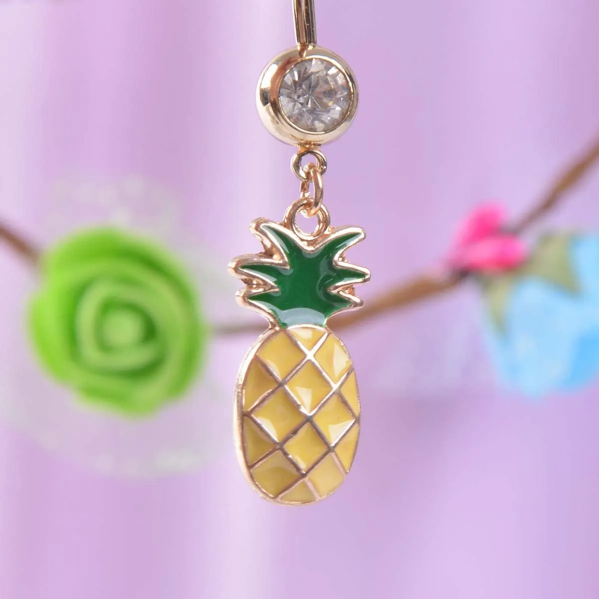 COLORFUL BLING 316L Stainless Steel Fruit Pineapple Navel Rings Crystal Belly Button Rings Body Piercings Jewelry
