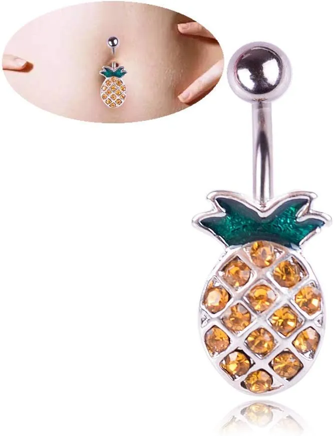 COLORFUL BLING 316L Stainless Steel Fruit Pineapple Navel Rings Crystal Belly Button Rings Body Piercings Jewelry