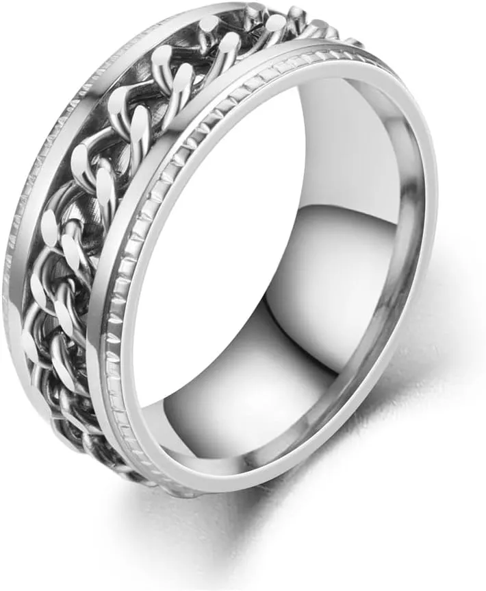 COLORFUL BLING 8mm Stainless Steel Anti Anxiety Spinner Ring Fidget Biker Grooved Edge Band Stress Roller for Men Women Couple Relief Wedding Engagement Jewelry