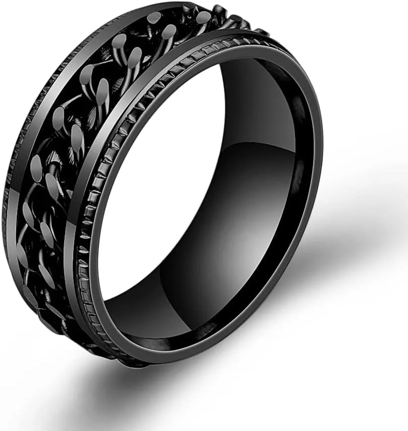 COLORFUL BLING 8mm Stainless Steel Anti Anxiety Spinner Ring Fidget Biker Grooved Edge Band Stress Roller for Men Women Couple Relief Wedding Engagement Jewelry