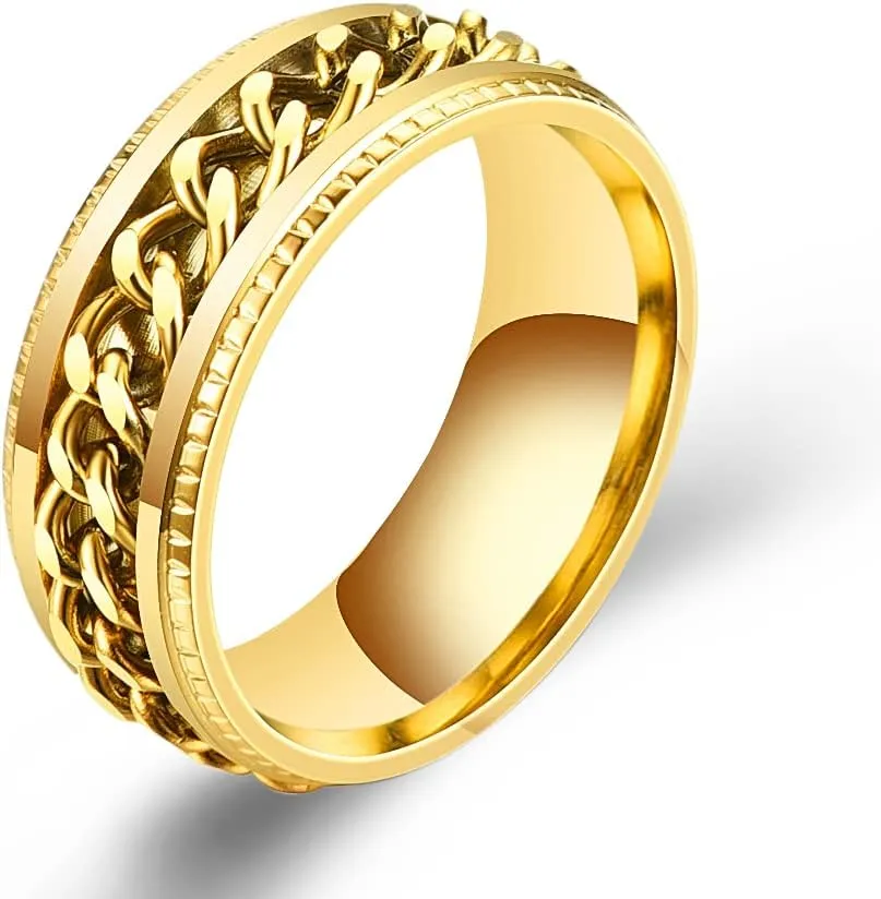 COLORFUL BLING 8mm Stainless Steel Anti Anxiety Spinner Ring Fidget Biker Grooved Edge Band Stress Roller for Men Women Couple Relief Wedding Engagement Jewelry